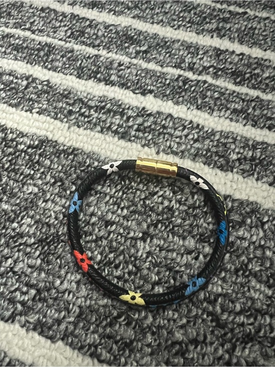 Louis Vuitton Jewelry - Louis Vuitton Black Leather Bracelet with Multicolor Flower Motif and Gold Clasp